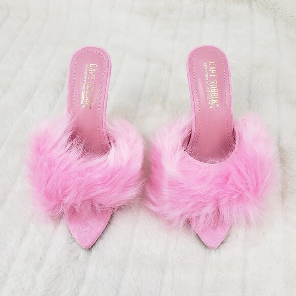 Furry Pointy Toe Slip On Gold Tone Slim Heels Pink Fuji - Picture 2 of 14